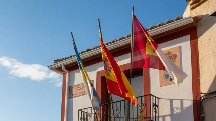 Un edificio de administración local blanco con un balcón que ondea la bandera nacional y otras dos banderas, y un panel de anuncios de información en la pared.