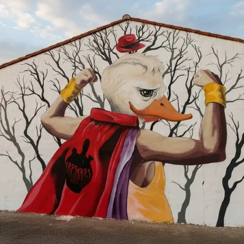 Grafiti de pato musculoso con capa roja sobre fondo de árboles.