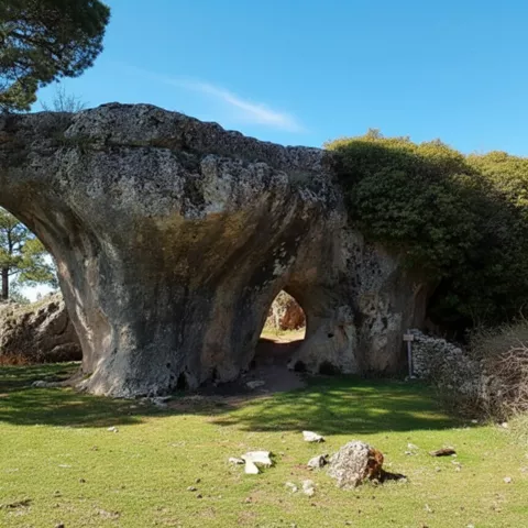 Arco natural de piedra sobre pradera