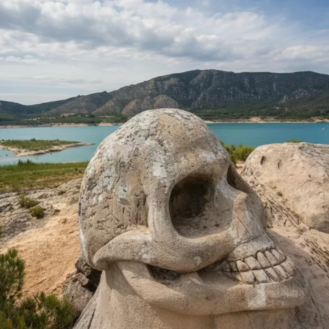 Calavera de piedra con paisaje de embalse
