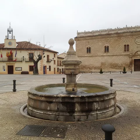 Plaza con fuente de piedra y edificios históricos.