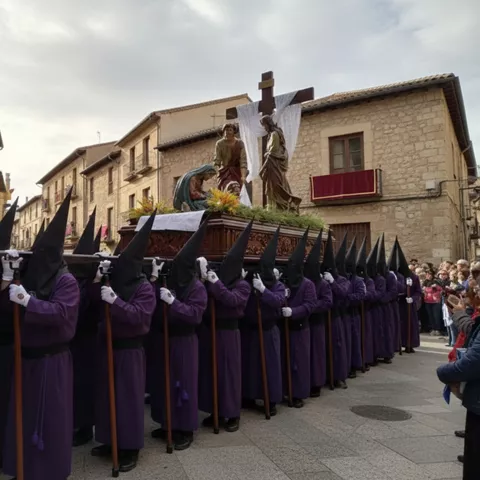 Cofrades con túnicas moradas bajo paso escultórico