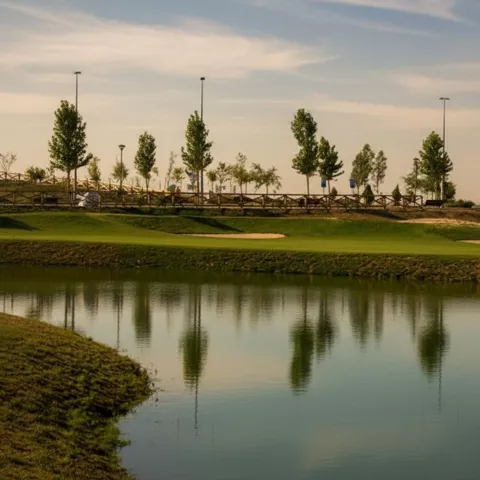 Lago tranquilo frente a zona ajardinada