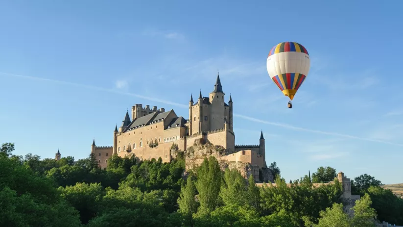 Globo aerostático multicolor volando junto a un castillo sobre un bosque verde.