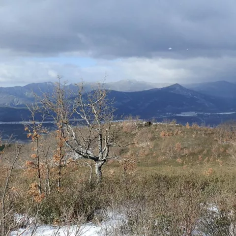Paisaje montañoso con nubes densas.