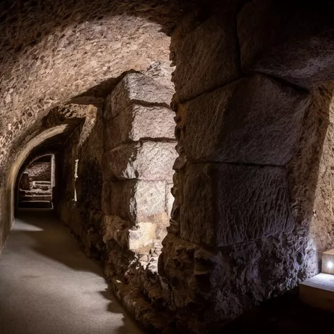 Pasillo subterráneo de piedra con arcos y escalones iluminados en una zona de ruinas.