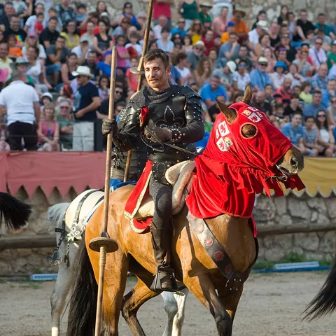 Caballero a caballo con lanza ante público en graderío.