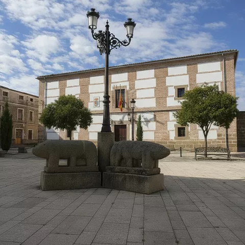 Primer plano de una escultura de piedra de dos animales robustos sobre pedestales, ubicada en una plaza frente a un edificio de ladrillo visto con banderas.