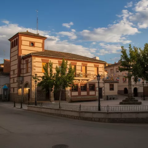 Plaza principal con edificio institucional y árboles decorativos
