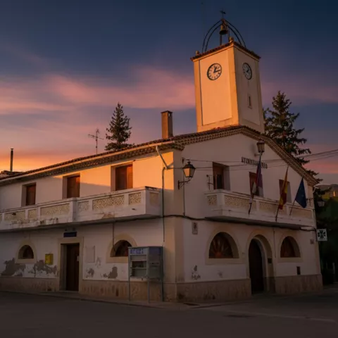 Edificio institucional con torre del reloj al anochecer
