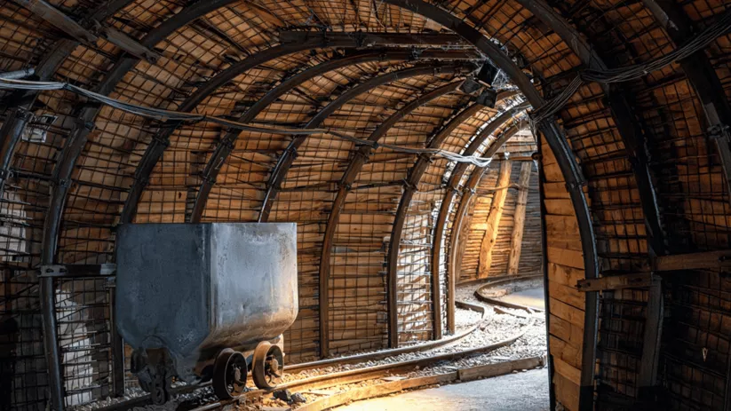 Galería minera subterránea con vagoneta sobre raíles y arcos de madera iluminados artificialmente