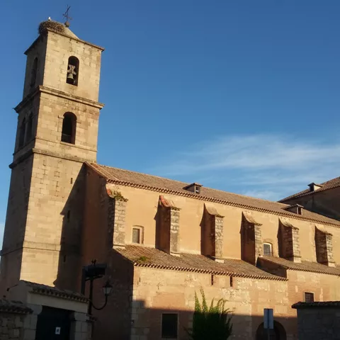 Vista lateral de una gran iglesia de piedra con contrafuertes robustos y una torre campanario alta.