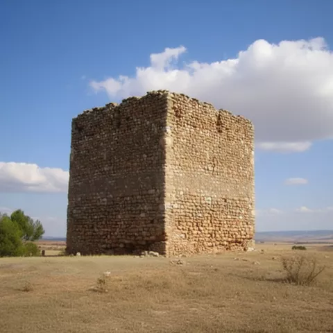 Torre de piedra aislada en paisaje abierto