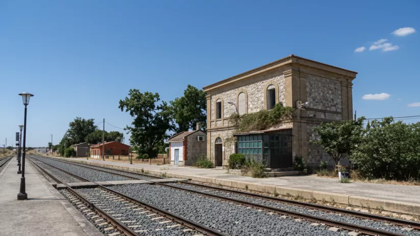 Vías de tren vacías que se extienden en la distancia junto a una antigua estación de tren de piedra de dos pisos bajo un cielo azul.