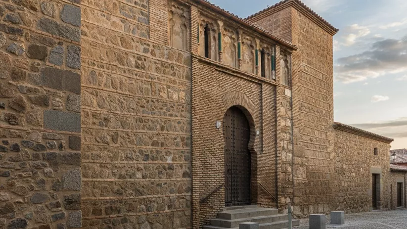 Calle lateral adoquinada que conduce a una gran puerta de madera arqueada en un muro de piedra y ladrillo con detalles arquitectónicos en la parte superior.