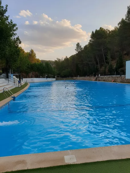Piscina al aire libre rodeada de pinos y colinas