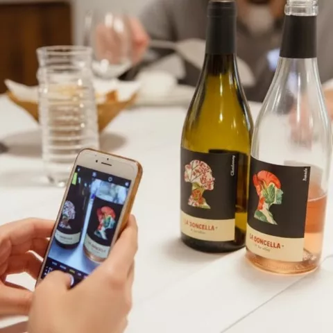 Persona fotografiando botellas de vino sobre mesa en restaurante.