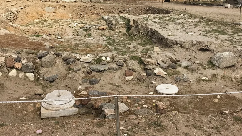 Restos arqueológicos de muros y estructuras de piedra en un campo con olivos.