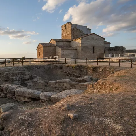 Ruinas excavadas en primer plano con la iglesia de piedra al fondo bajo cielo con nubes.
