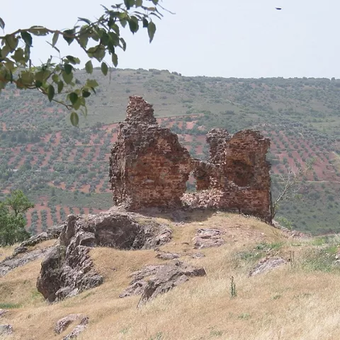 Ruinas de muros de piedra sobre un cerro seco con paisaje de colinas al fondo.
