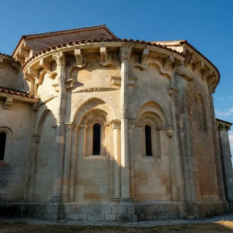 Ábside románico de piedra con arcos y columnas
