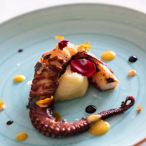 Pulpo a la plancha con puré y flores