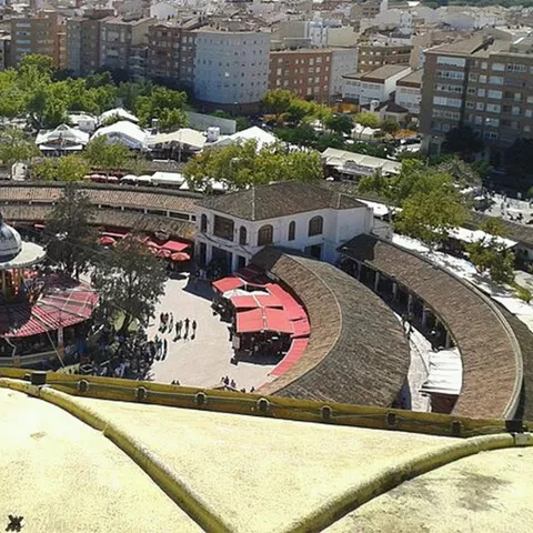 Vista aérea diurna de un recinto circular con templete central y puestos alrededor, rodeado de edificios y zonas verdes.