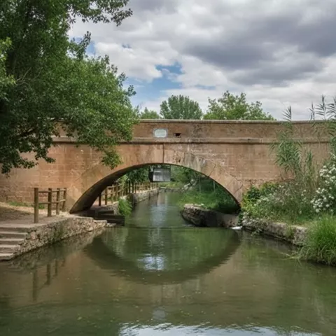 Puente de piedra sobre un canal rodeado de vegetación y senderos.