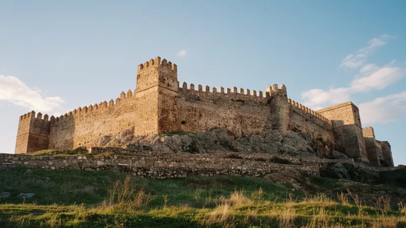 Castillo de piedra sobre colina con hierba