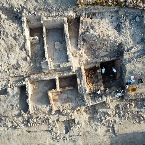 Excavación arqueológica con estancias delimitadas en el terreno