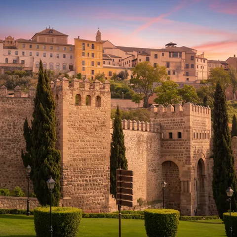 Muralla histórica de piedra al atardecer con edificios al fondo