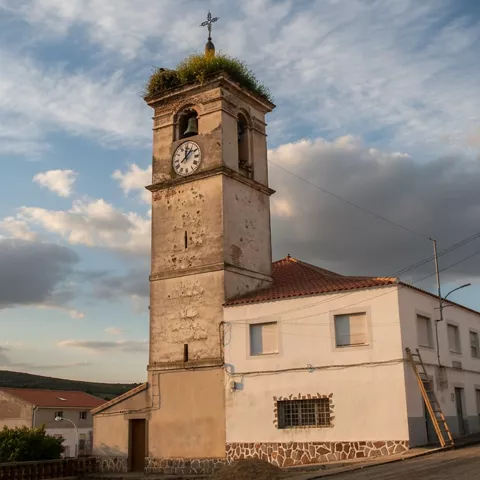 Torre del reloj de la iglesia con nido de cigüeñas