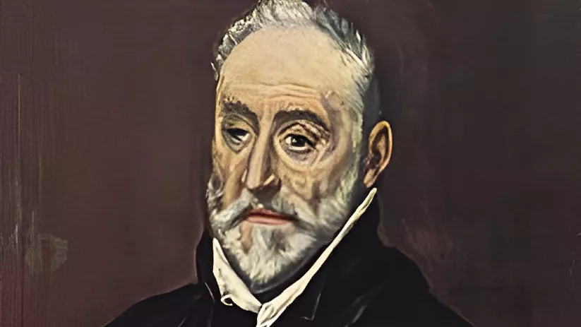 Retrato pintado de hombre mayor con barba blanca y vestimenta negra