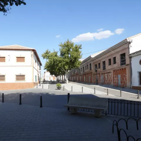 Plaza amplia con bancos, árboles y edificios tradicionales