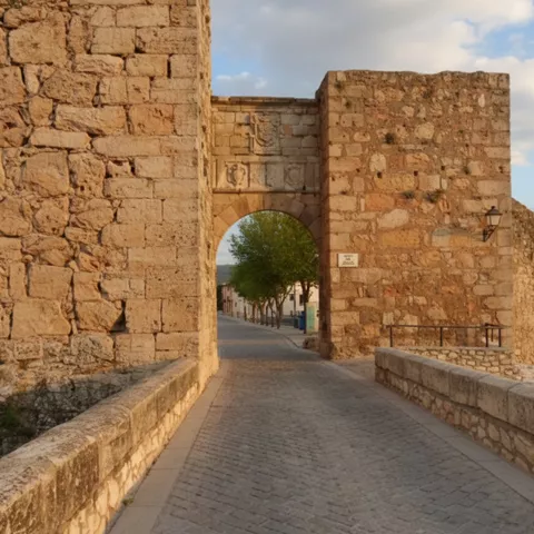 Entrada amurallada con camino empedrado