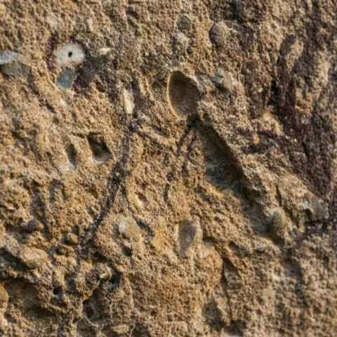 Silueta humana esquemática pintada en negro sobre roca arenosa.