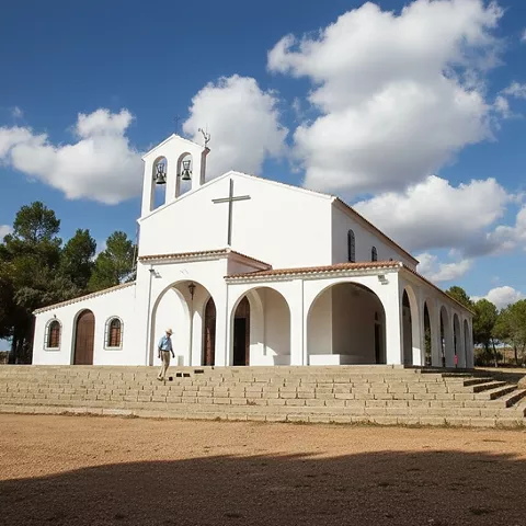 Ermita blanca con pórtico y campanario bajo un cielo azul con nubes.