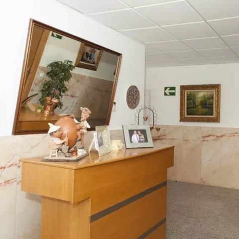 Pasillo interior con mostrador, cuadros y plantas