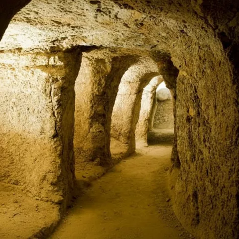 Pasadizo subterráneo con arcos de piedra.