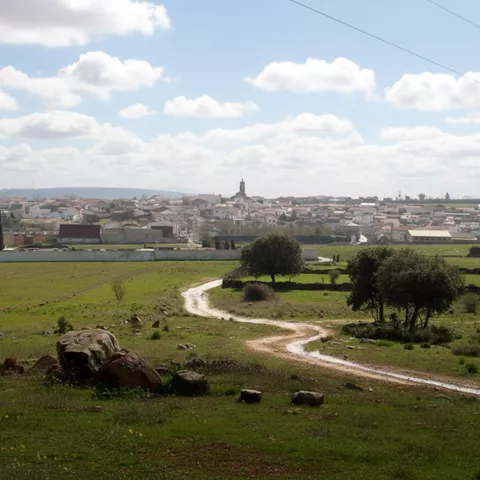 Vista panorámica del pueblo entre encinas
