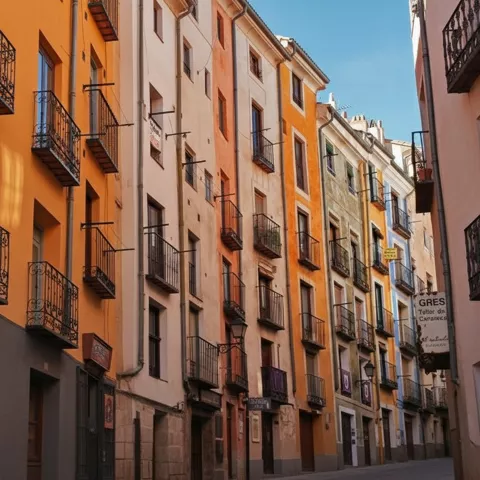 Vista de fachadas iluminadas al atardecer