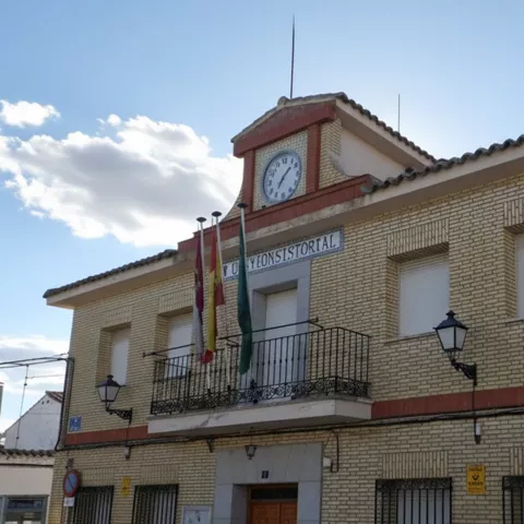 Vista lateral de edificio municipal con banderas y faroles