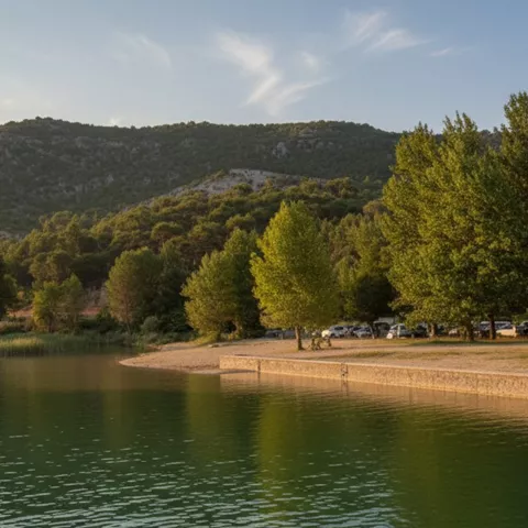 Orilla de lago con zona de baño y arbolado