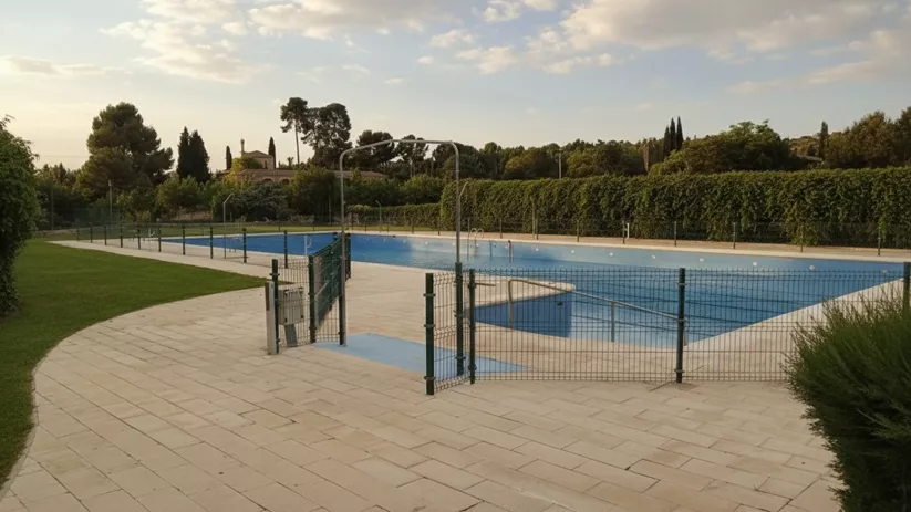 Piscina vallada con amplio solárium y césped bajo cielo parcialmente nublado.