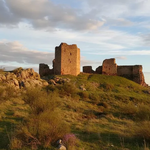 Castillo de Caracuel de Calatrava sobre una loma con vegetación y paisaje abierto alrededor.