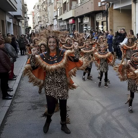 Grupo de bailarines con trajes de plumas y estampado animal en desfile callejero.