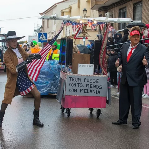 Carroza festiva con participantes disfrazados bajo la lluvia y público observando.