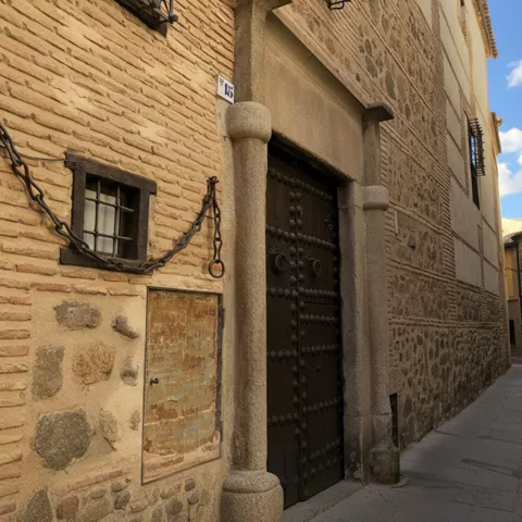 Calle estrecha con fachada histórica de ladrillo y gran puerta de madera.