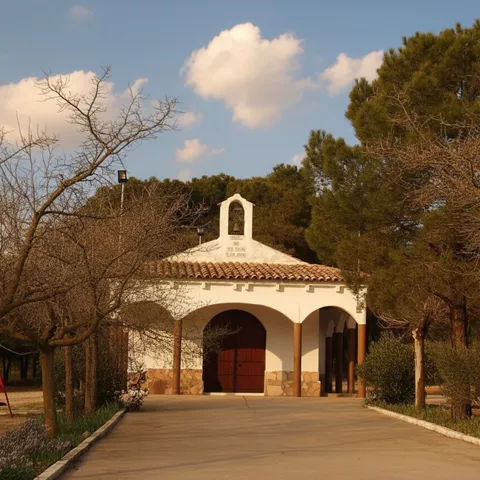 Ermita sencilla rodeada de pinos y camino peatonal.