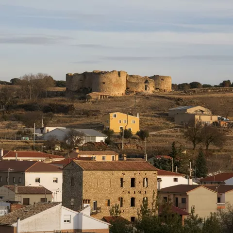Castillo sobre cerro junto a núcleo urbano